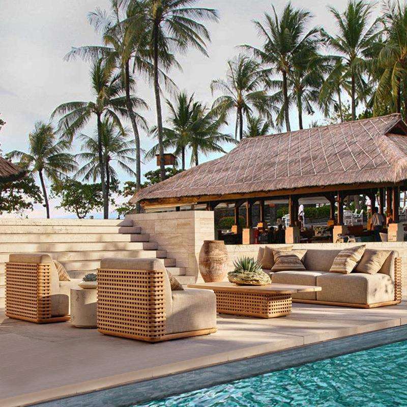 户外做旧实木沙发别墅室外柚木茶几组合庭院花园转角单人休闲沙发