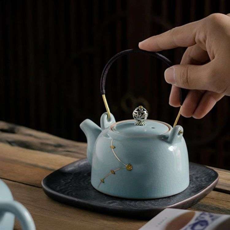 汝窑提梁茶壶手工锔钉泡茶壶李辉熠复古汝瓷中式陶瓷盖碗西施壶