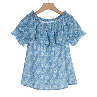 【衣香】剪标女装夏季新款荷叶边一字肩短袖碎花雪纺衫S31052/2-6