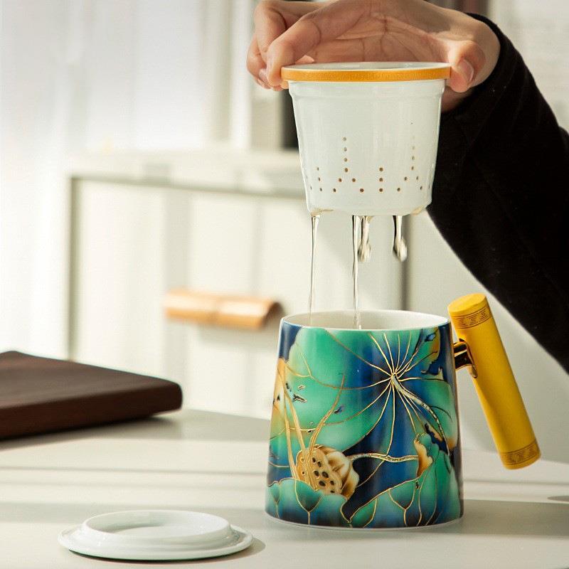 陶瓷茶具套装套组茶杯盖碗茶壶木柄马克杯大容量配内胆水杯