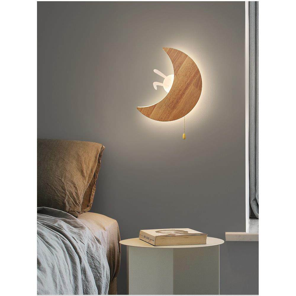 儿童房壁灯创意原木月亮走廊灯通道灯2022新款日本实木卧室床头灯