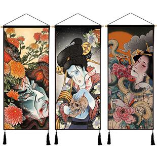 浮世绘艺伎玄关挂画纹身店装饰画挂布家居客厅墙壁挂毯传统背景布