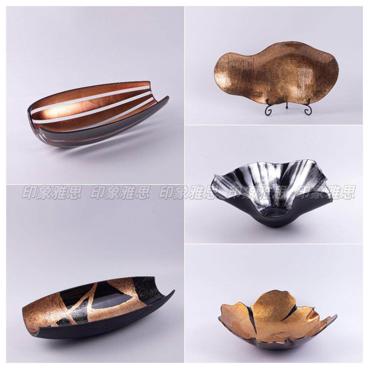 现代简约玻璃果盘不规则造型金色黑色家用水果盘创意摆件艺术装饰