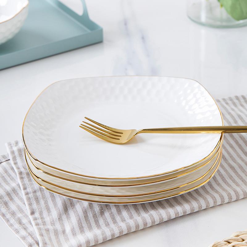 金边骨瓷家用盘子碟子西餐盘意面盘陶瓷早餐盘方形深盘平盘菜盘
