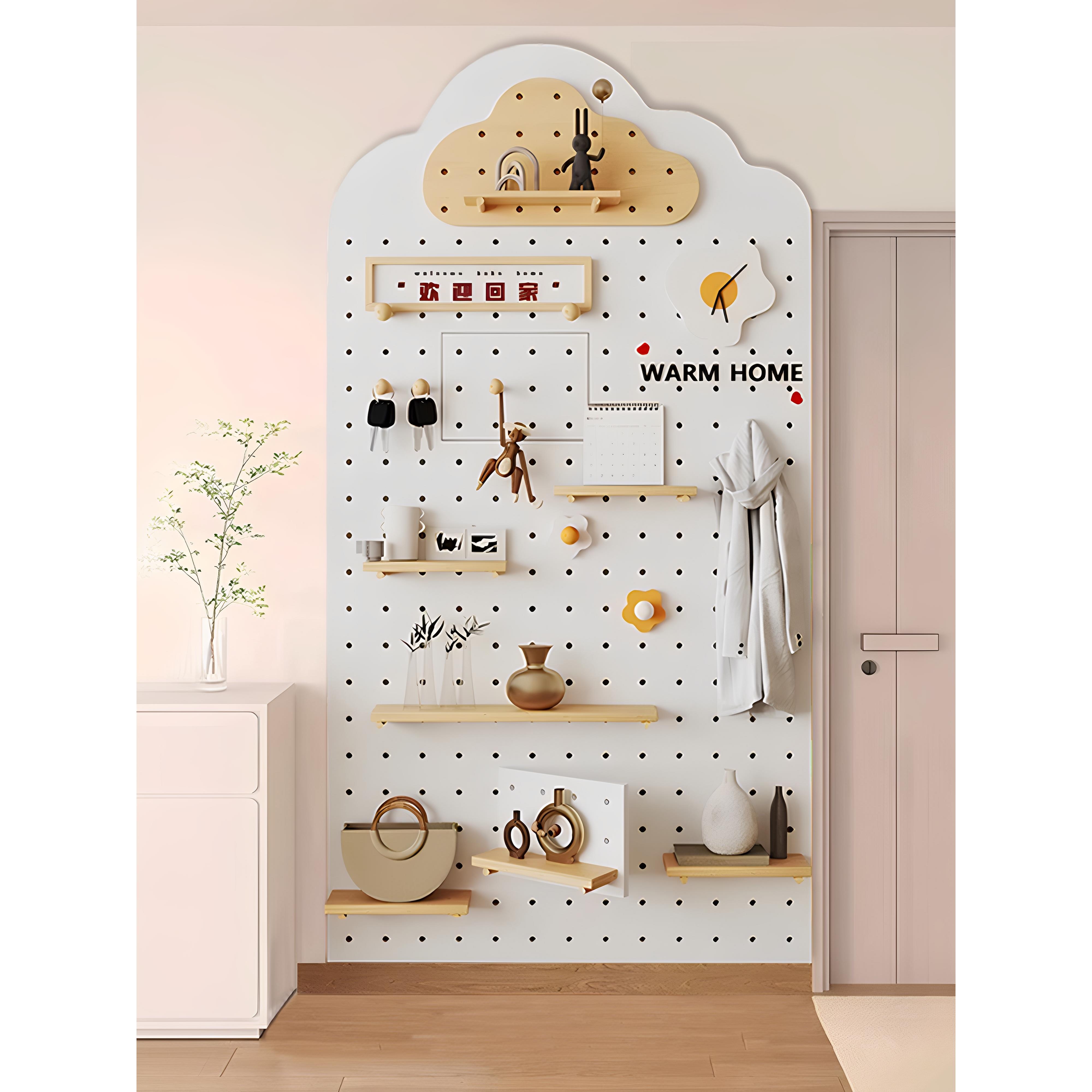 洞洞板立式定制置物架入户玄关实木造型墙上挂衣架隐藏穿衣镜一体