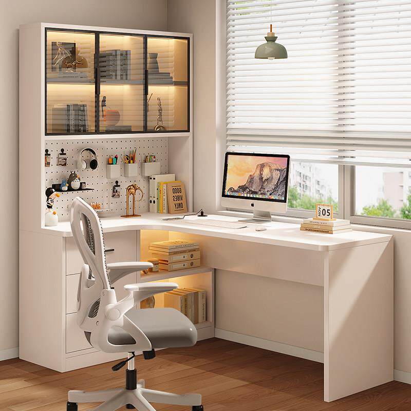 转角实木书桌家用学生学习办公桌椅套装洞洞板电脑桌书架一体桌子