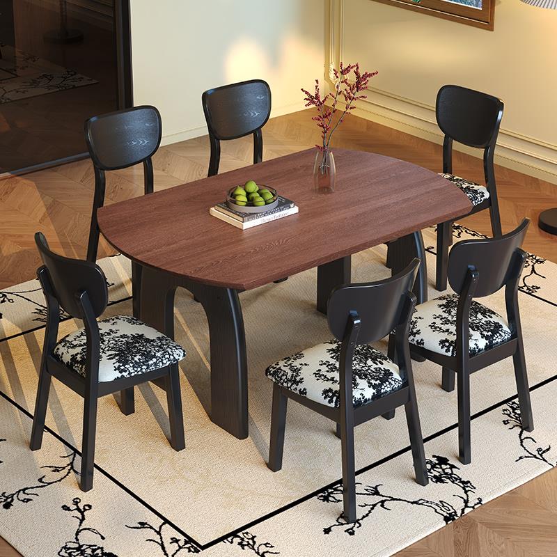 中古风餐桌实木可伸缩变圆桌法式家用跳台餐桌椅组合白蜡木纹饭桌