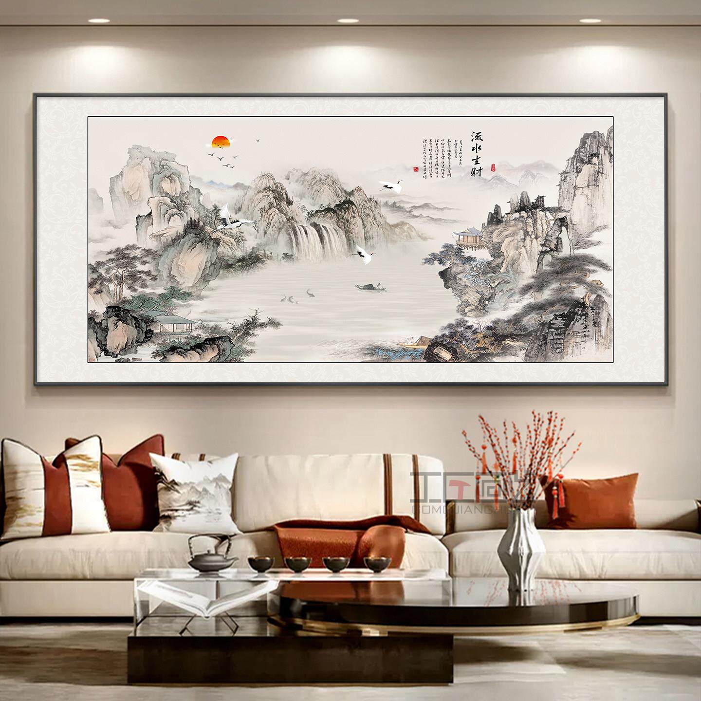 流水生财客厅装饰画中式大气山水风景画茶室办公室沙发背景墙挂画