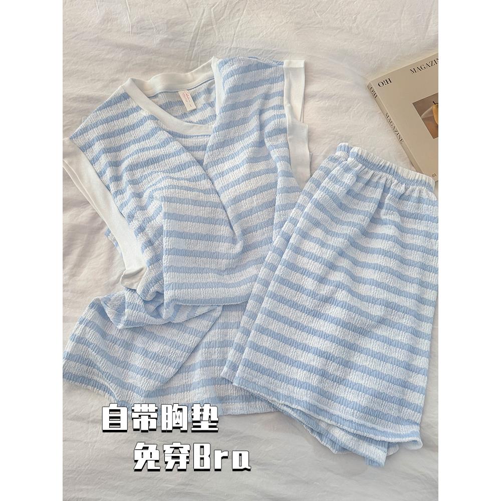 2025新款小清新条纹睡衣女夏季莫代尔棉无袖背心带胸垫夏天家居服