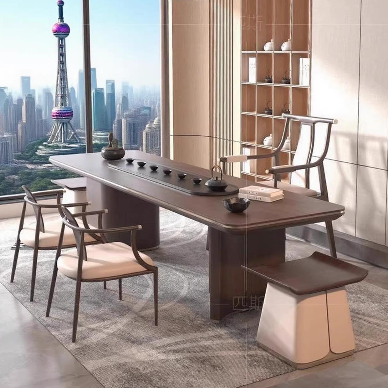 新中式黑胡桃白蜡木休闲茶桌椅组合榫卯简约喝茶桌家用泡茶桌