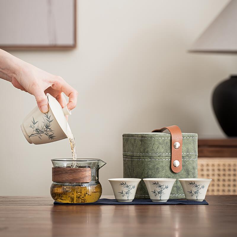 草木灰户外旅行茶具功夫套装家用露营喝茶泡茶盖碗三杯定制礼物
