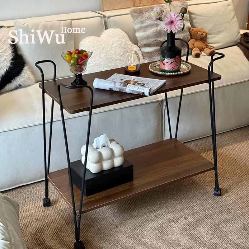 简约北欧小推车实木边几置物架沙发移动茶几铁艺餐车中古风茶水车