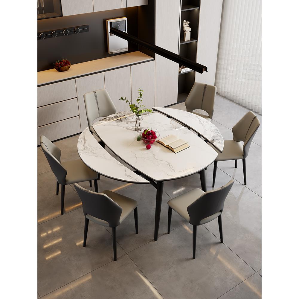 梦嘉堡岩板餐桌椅组合伸缩折叠圆形桌家用实木方变圆两用饭桌简约