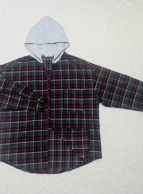 2024爆款连帽最新款磨毛棉复古时尚潮流百搭宽松版格子衬衫外套