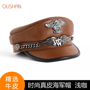 真皮海军帽男女秋冬时尚欧美机车朋克风短檐平顶帽子鸭舌帽潮新款