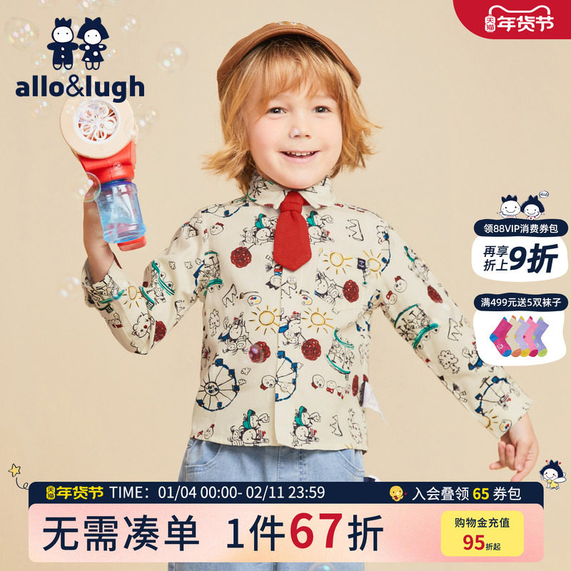 【学院风】阿路和如男童满印长袖衬衫2025年秋冬涂鸦萌趣领结上衣