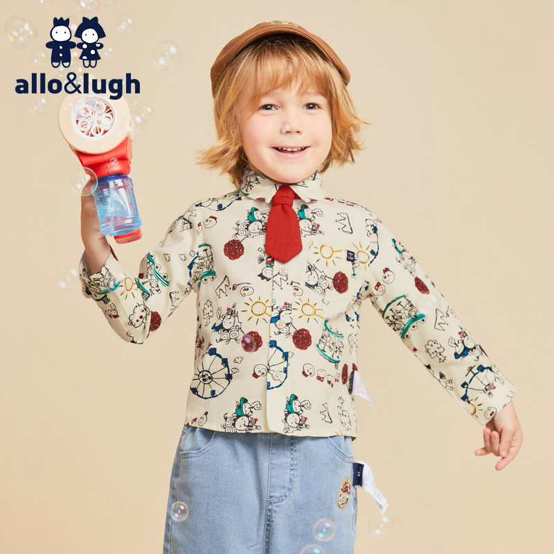 【学院风】阿路和如男童满印长袖衬衫2025年秋冬涂鸦萌趣领结上衣