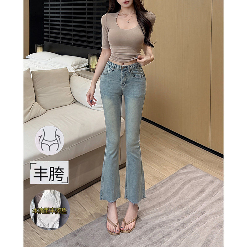 乔栈超绝蜜桃臀丰胯毛边喇叭牛仔裤女夏季新款纯欲风气质修身九分