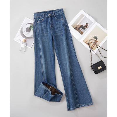 乔栈秋冬季新款蓝色气质宽松微喇牛仔裤女加绒高腰小个子喇叭长裤