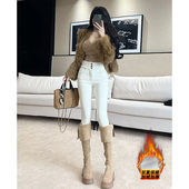 百搭显瘦铅笔裤 乔栈白色加绒辣妹设计感高腰弹力小脚裤 女秋冬新款