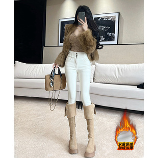 百搭显瘦铅笔裤 乔栈白色加绒辣妹设计感高腰弹力小脚裤 女秋冬新款