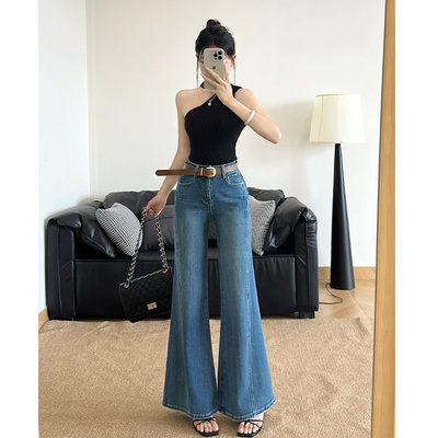 爆款土耳其蓝设计感微喇牛仔裤女