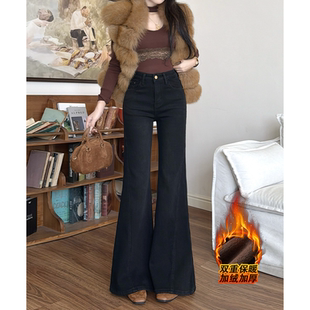 乔栈爆款 女冬高腰提臀显瘦小个子微喇 加绒美腿线设计感喇叭牛仔裤