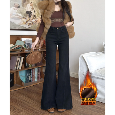 乔栈爆款加绒美腿线设计感喇叭牛仔裤女冬高腰提臀显瘦小个子微喇