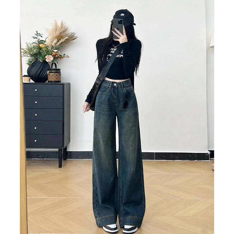 乔栈美式复古直筒牛仔裤女秋冬季新款高腰显瘦宽松刺绣设计阔腿裤