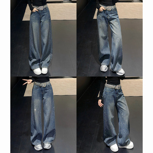 乔栈闪耀星河满钻直筒牛仔裤女秋冬加绒爆款高腰宽松垂感拖地长裤