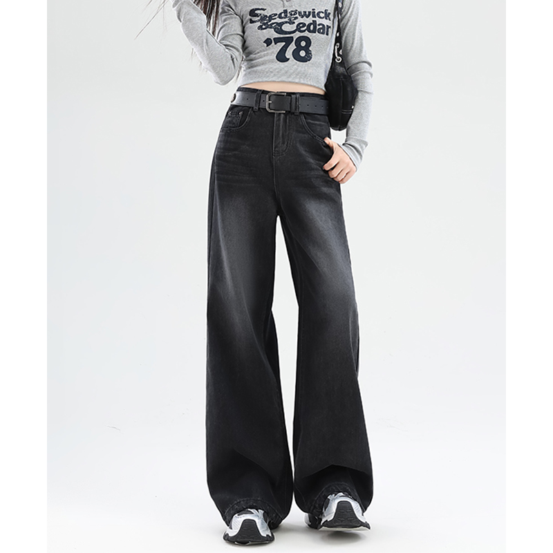 乔栈美式复古磨破设计黑色阔腿牛仔裤女秋冬爆款直筒宽松汽水长裤