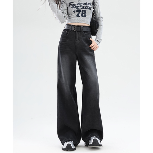 乔栈美式复古磨破设计黑色阔腿牛仔裤女秋冬爆款直筒宽松汽水长裤