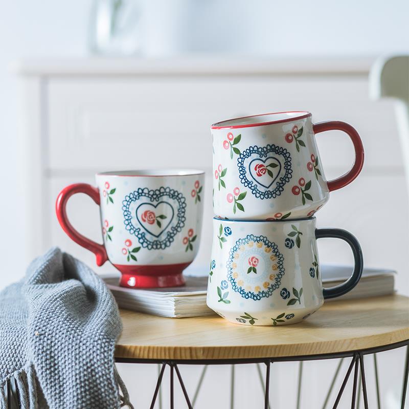 覆古手绘樱桃家用陶瓷马克杯大容量办公室咖啡杯创意情侣杯奶茶杯