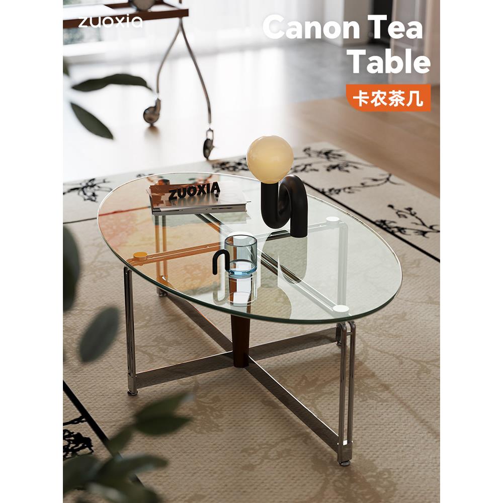 北欧覆古玻璃咖啡桌小公寓简单钢化咖啡桌椭圆形客厅茶几不锈钢低