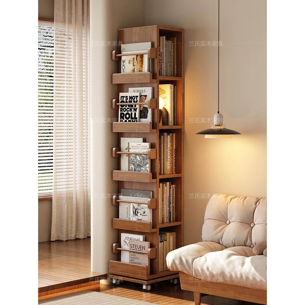 实木旋转书架一体靠墙可移动360度书柜客厅转角小窄柜落地置物架