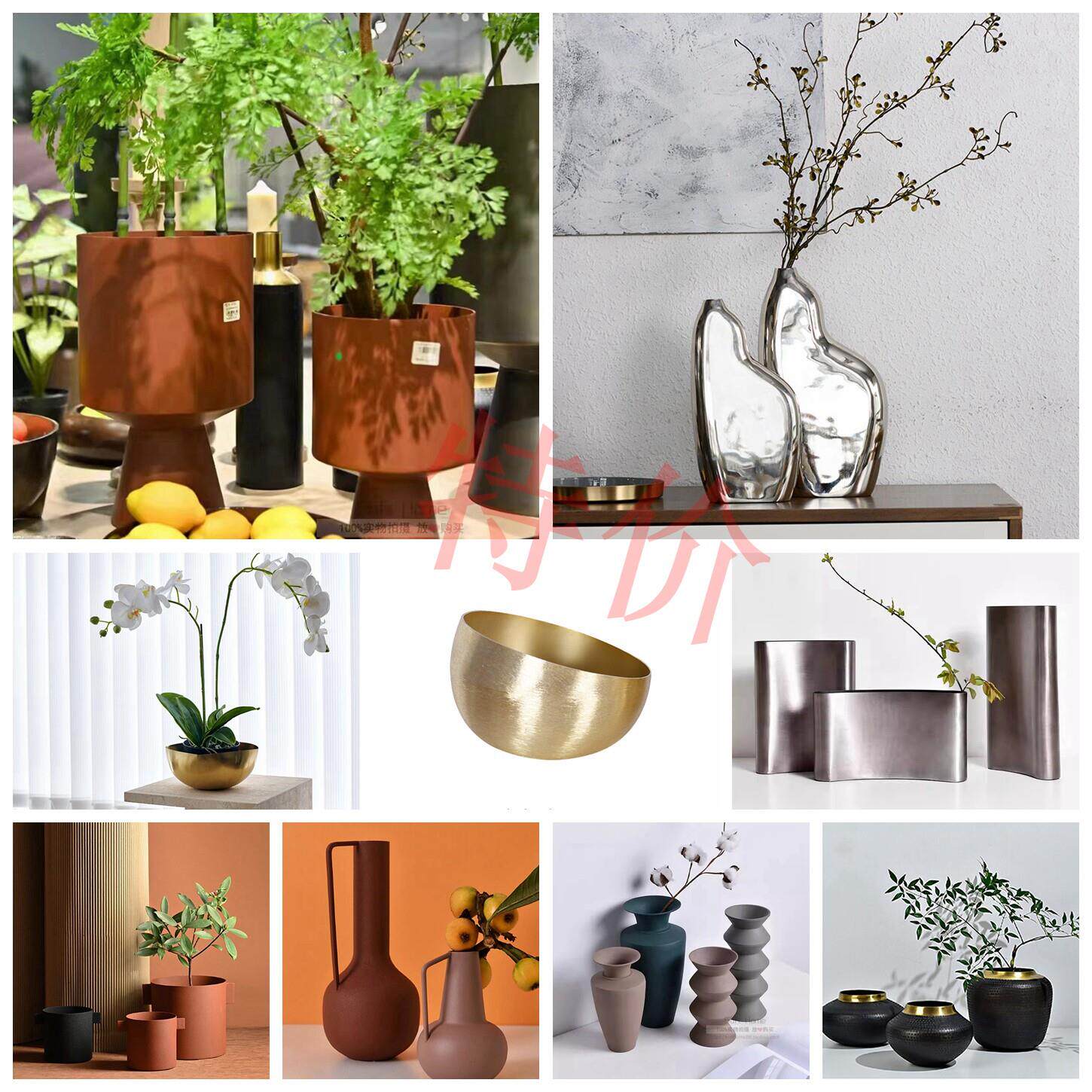 特价 进口样板房金属花器银色金色干燥花花瓶摆件餐桌客厅玄关装