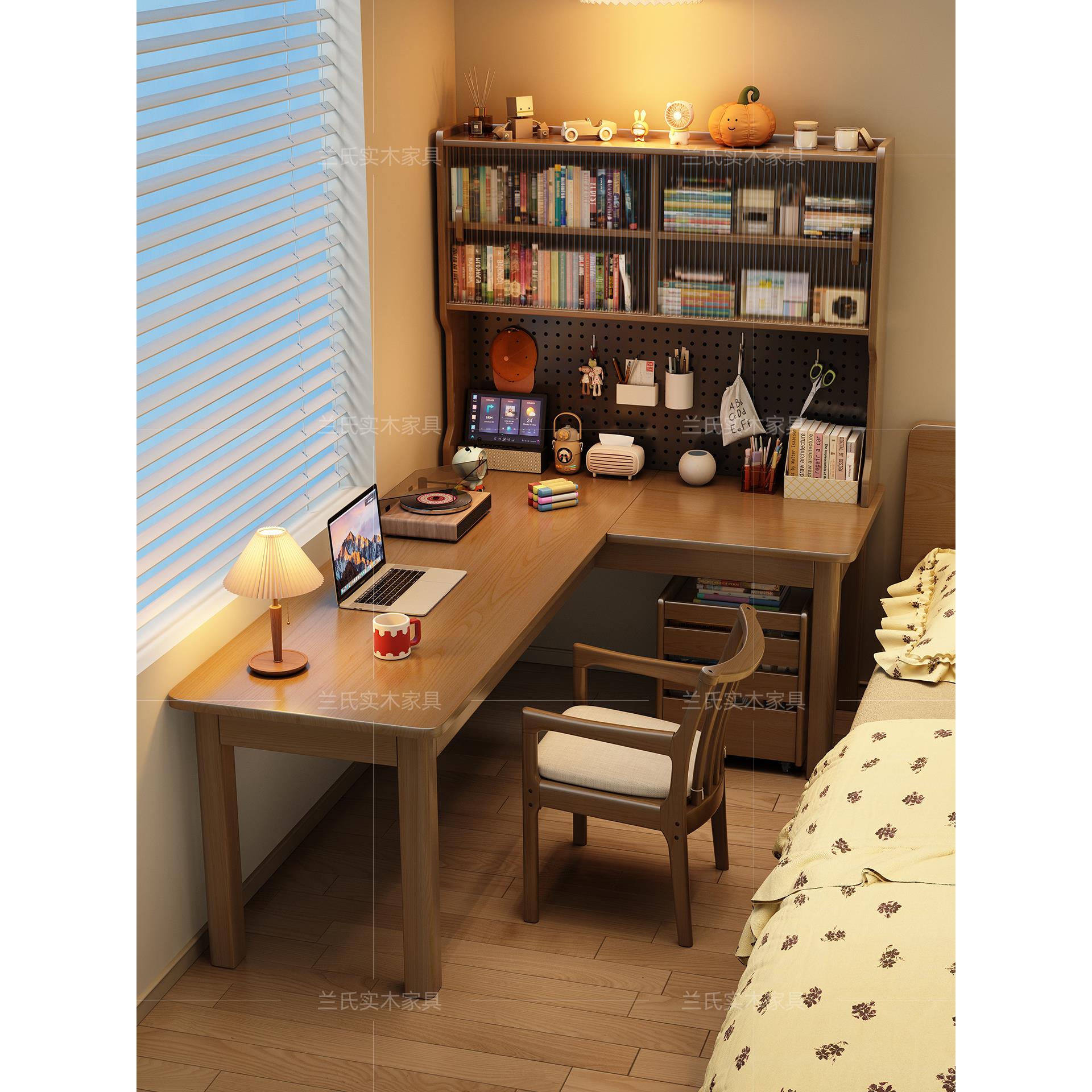 实木转角书桌书柜一体桌子学生家用拐角学习桌卧室靠墙L型电脑桌