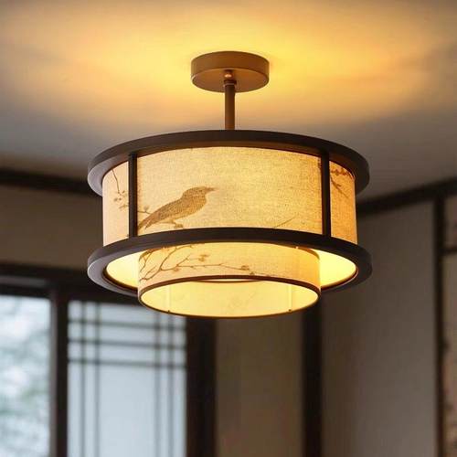 卧室吸顶灯中古风覆古圆形护眼书房灯宋代美学布艺主卧房间饭厅灯