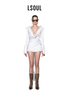 LSOUL白色深v领衬衫外套长袖收腰修身时尚设计宽松性感上装