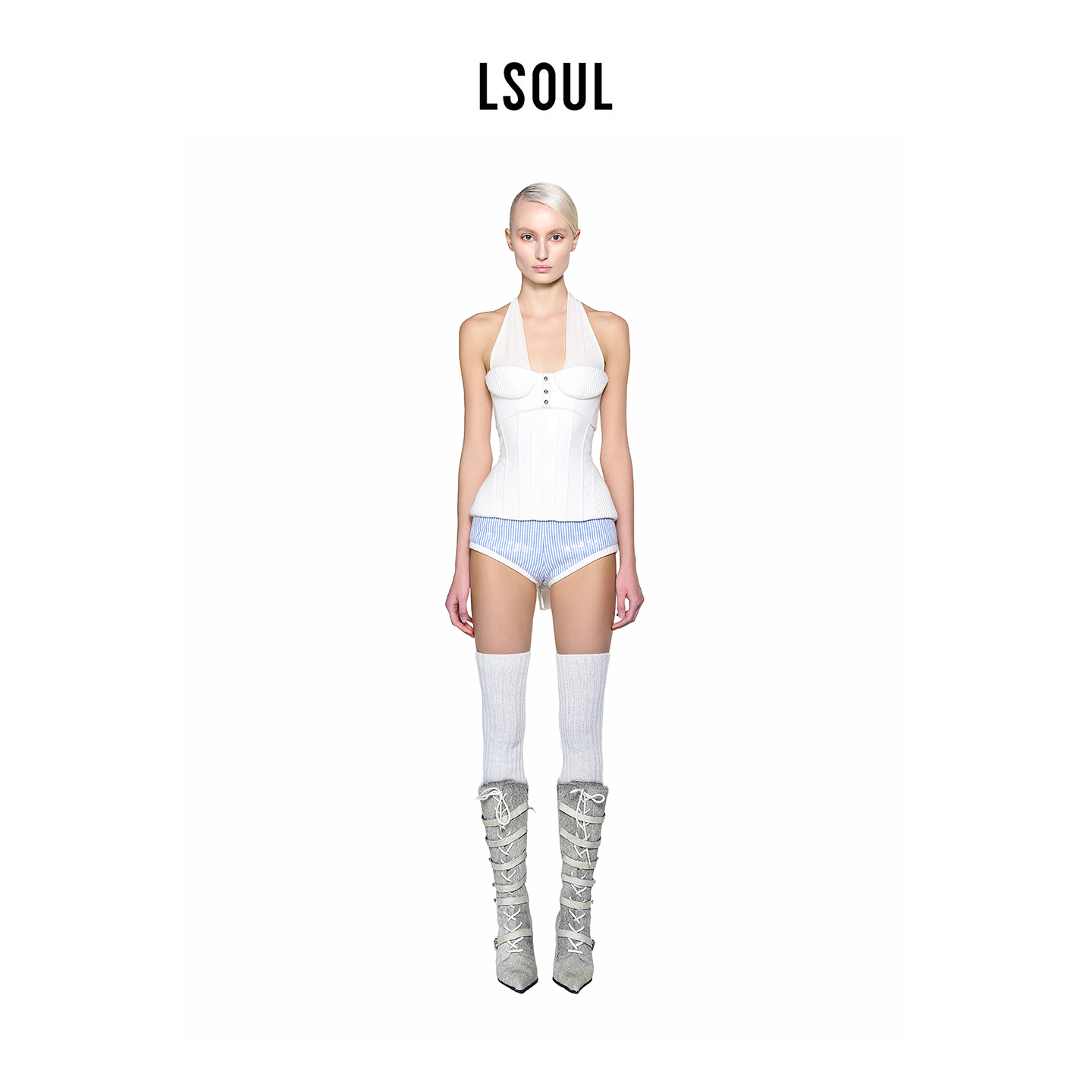 【欧阳娜娜同款】LSOUL 白色挂脖上衣针织露背交叉绑带女装