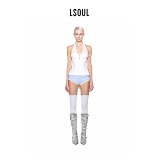 【欧阳娜娜同款】LSOUL 白色挂脖上衣针织露背交叉绑带女装
