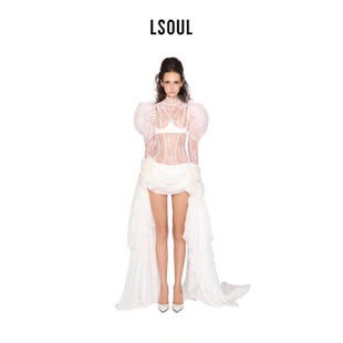 LSOUL 白色性感蕾丝拼接抹胸上衣甜辣风设计感半裙套装