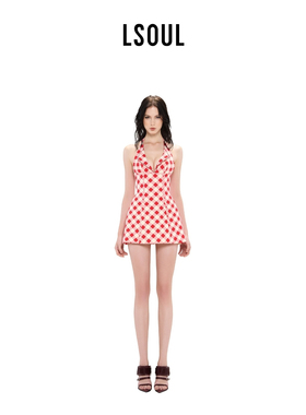 LSOUL 红白格复古挂脖A字裙露背束腰度假风浪漫甜心女装连衣裙
