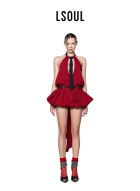 【姚晓棠同款】LSOUL 新年穿搭 红色挂脖式连衣裙短款露背裙装