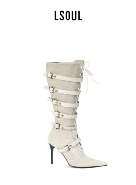 【周洛夕同款】LSOUL朋克风交叉绑带高筒靴女白色尖头细跟长靴
