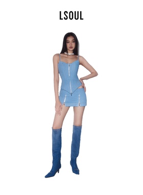 LSOUL 蓝色无袖露背吊带上衣不规则牛仔短裙裤时尚设计套装