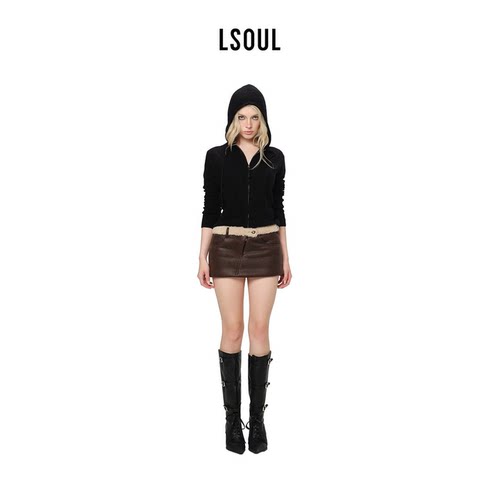 LSOUL 酷辣风黑色连帽拉链针织开衫女修身短外套PEAKY