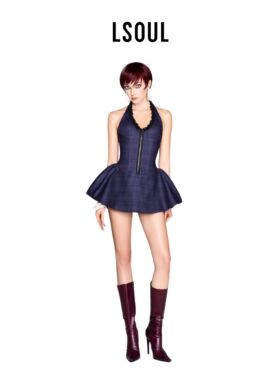 【李一桐同款】LSOUL 深蓝色挂脖式连衣裙格纹露背收腰蓬蓬裙摆