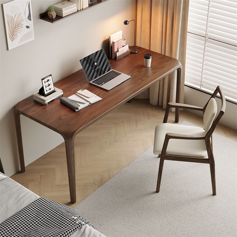 胡桃木书桌家用小户型学公桌简约现代大板长电U脑桌写字工作台