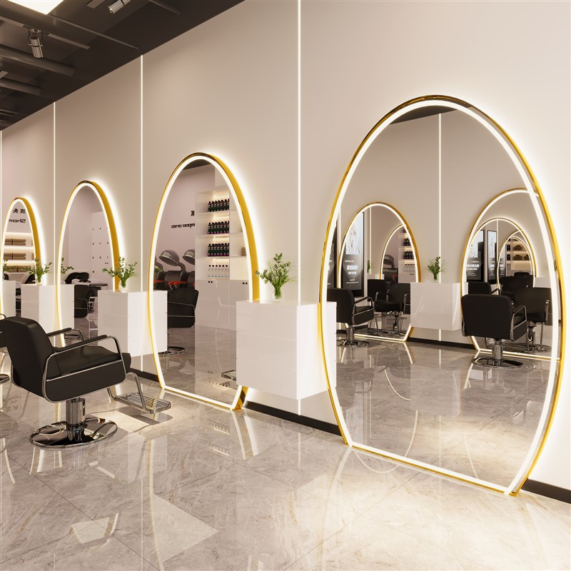 网红美发店镜台发廊单面剪发镜椭圆F半椭圆LED理髲店烫染镜子